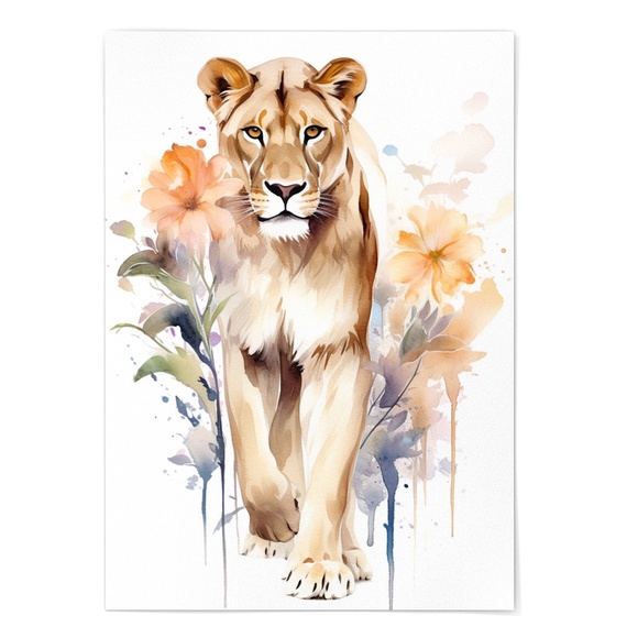 Watercolor Lioness With Flowers Portrait Wall Art Illustration Print Unframed - Picture 3 of 5